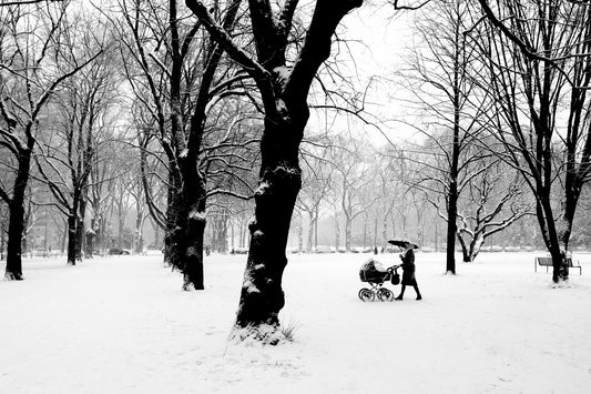 Frau mit Kinderwagen am Grüngürtel im Schnee mit Regenschirm